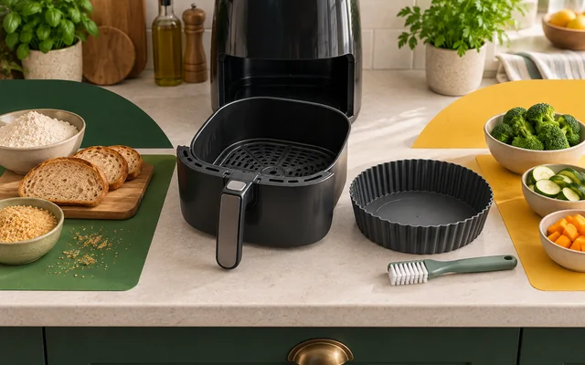 Air fryer aberta entre duas zonas de preparo separadas por cores