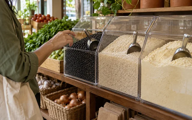 Recipientes de alimentos a granel separados sobre bancada com mão avaliando a compra