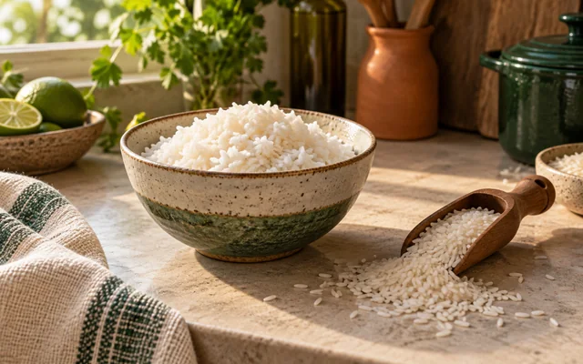 Tigela de arroz cozido ao lado de grãos secos e colher de madeira sobre bancada clara