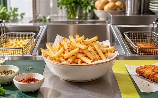 Batatas fritas diante de áreas separadas de fritura e um alimento empanado