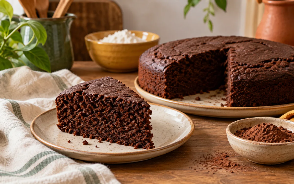 Fatia de bolo de chocolate caseiro sobre prato claro ao lado de um bolo pequeno