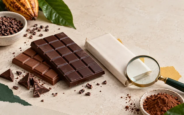 Barras de chocolate sem marca, cacau e lupa ao lado de embalagem neutra