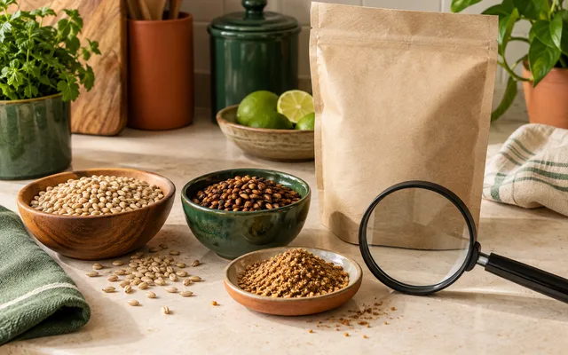Ingredientes e embalagem neutra observados com uma lupa na bancada
