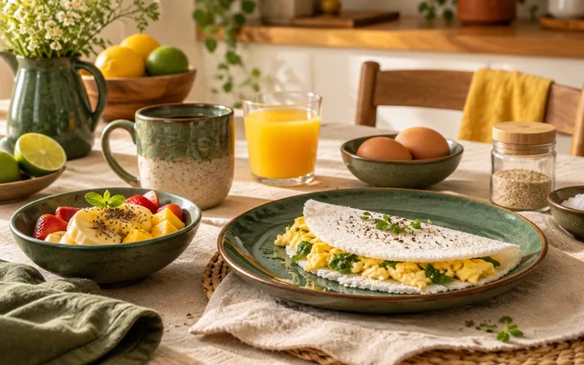 Café da manhã com frutas, ovo e tapioca em uma mesa doméstica