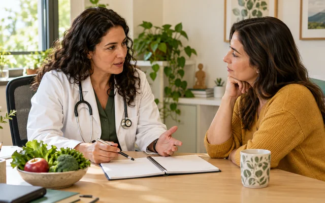 Profissional de saúde conversa com paciente diante de diário alimentar
