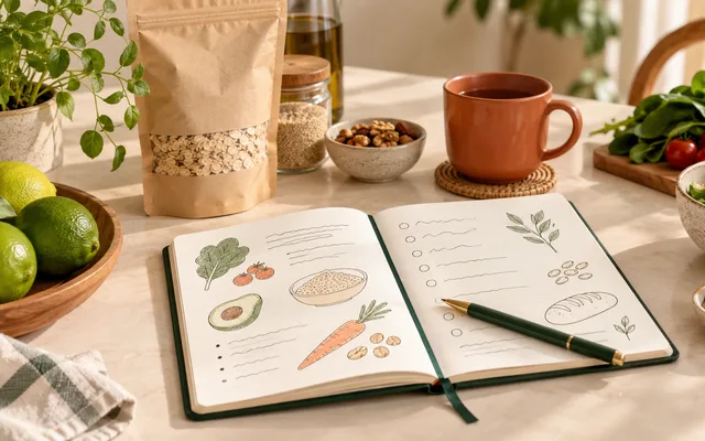 Caderno de anotações de alimentação ao lado de uma embalagem neutra
