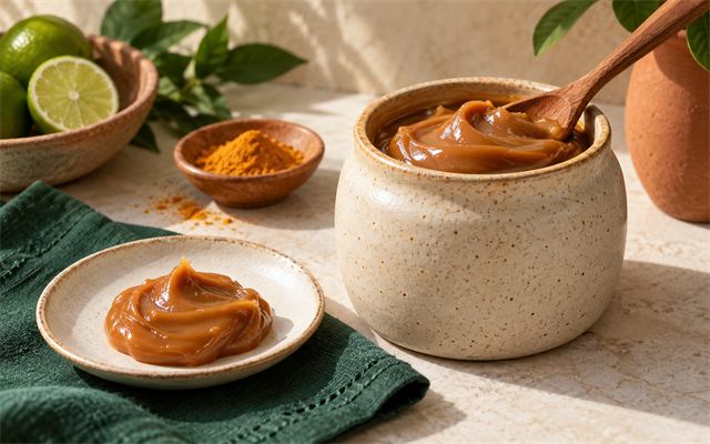 Doce de leite cremoso em pote de cerâmica sobre bancada clara