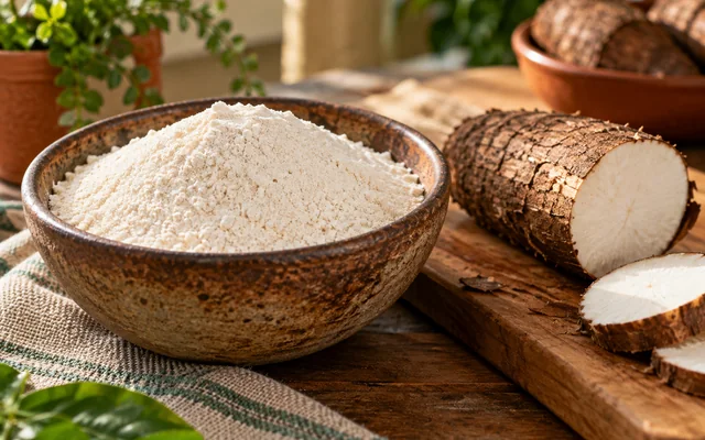 Farinha de mandioca em tigela ao lado de pedaços de mandioca sobre bancada brasileira