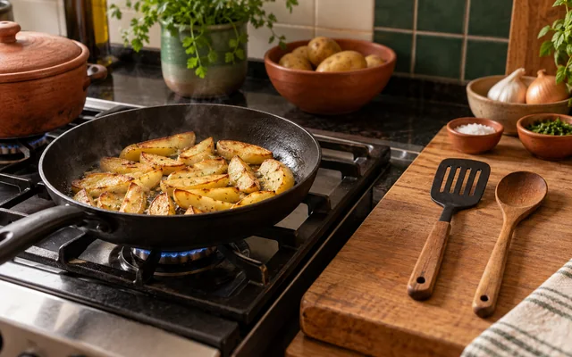 Utensílios separados ao lado de uma frigideira em bancada de cozinha doméstica
