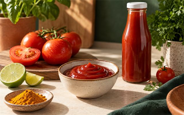 Ketchup em tigela pequena com tomates frescos e garrafa neutra
