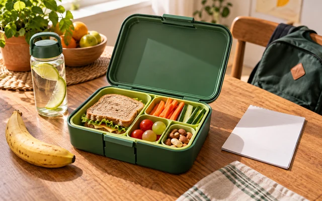 Lancheira escolar aberta com sanduíche, legumes, frutas e castanhas