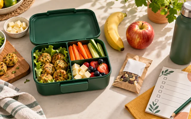Lancheira verde organizada com frutas, queijo, vegetais e snack embalado
