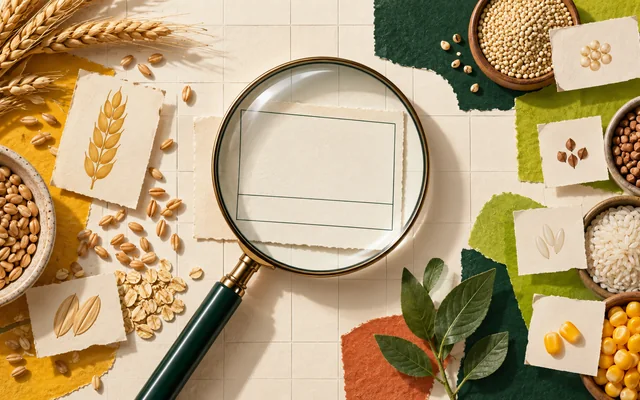 Lupa sobre rótulos e ingredientes separados para conferência de glúten