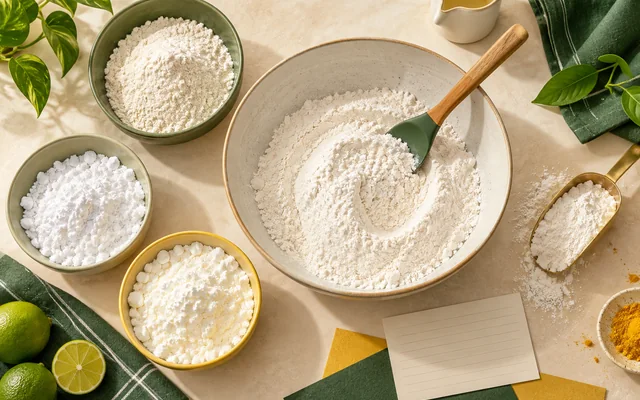 Tigelas separadas de farinha de arroz, amido e polvilho junto a uma tigela de mistura