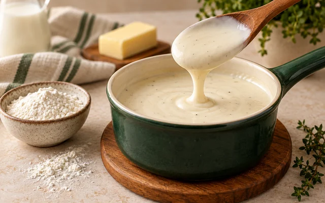 Molho branco cremoso em panela clara ao lado de farinha e colher de madeira