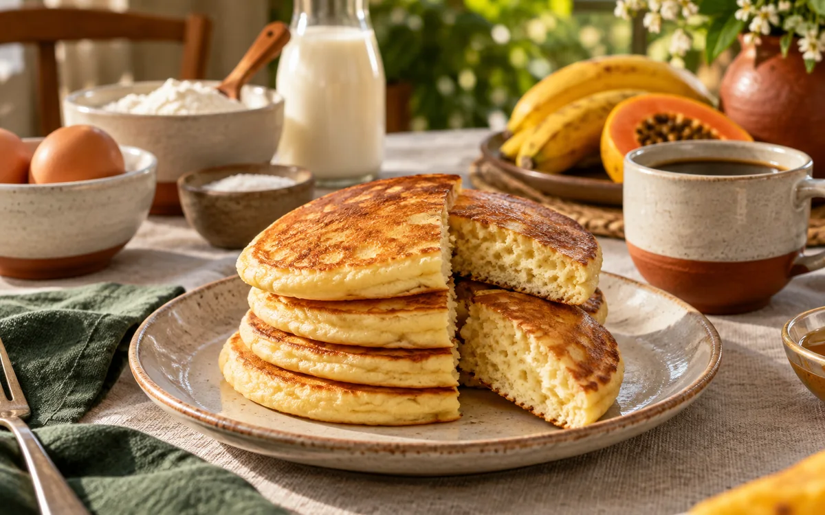 Panquecas douradas empilhadas em prato com ingredientes da receita ao redor