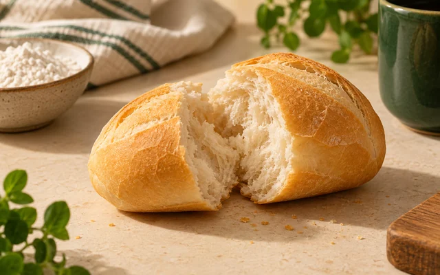 Pães franceses dourados em uma cesta sobre bancada clara de padaria