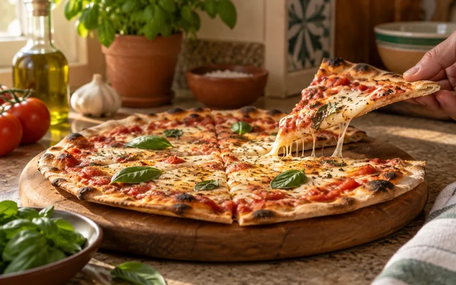 Pizza de massa fina cortada em pedaços sobre bancada de cozinha