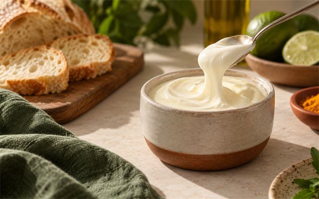 Requeijão cremoso em pote de cerâmica com colher