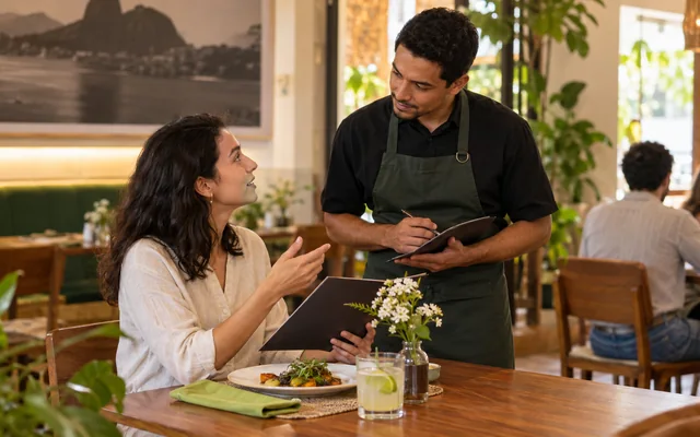 Cliente conversa com atendente e consulta o cardápio em restaurante