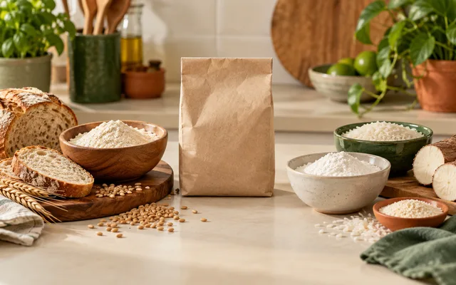 Ingredientes separados em uma bancada para comparar trigo e glúten
