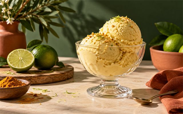 Sorvete artesanal em taça clara com frutas discretas