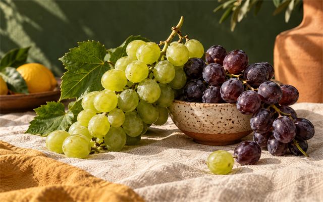 Cachos de uvas verdes e roxas sobre linho creme