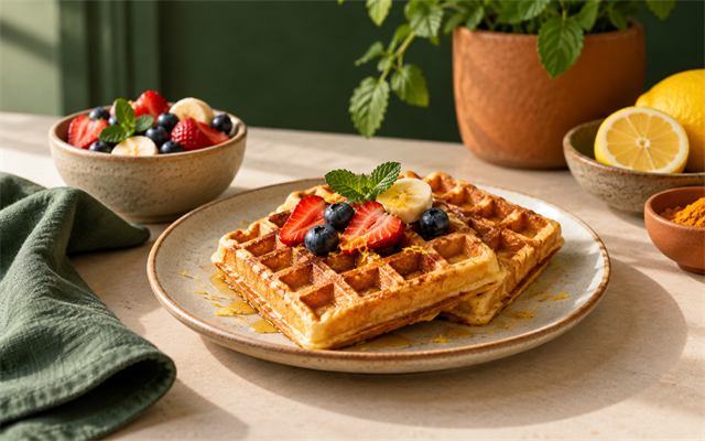 Waffles dourados servidos com frutas sobre prato de cerâmica